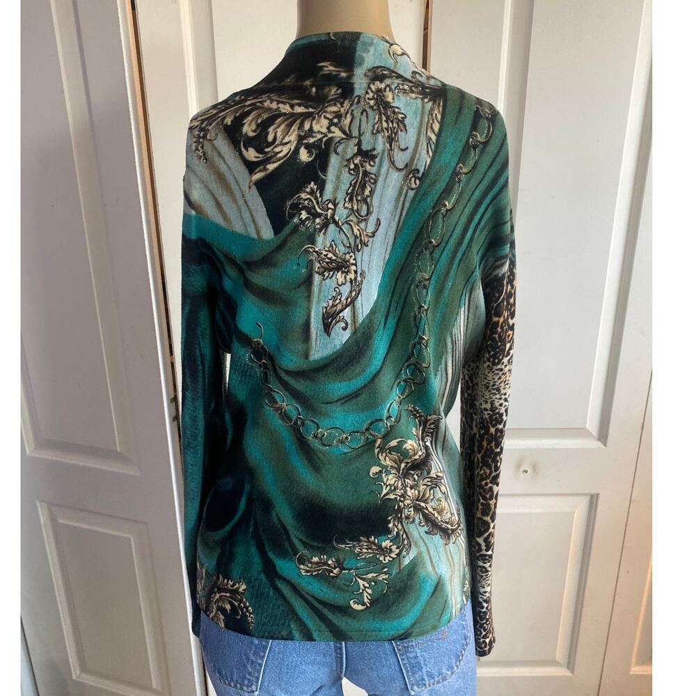 Alberto Makali Beaded Graphic Mesh Knit Top Teal Leopard Print Size M - Picture 4 of 7
